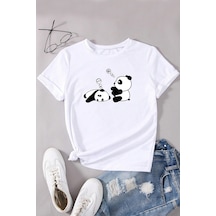 Unisex Uykucu Panda Baskılı Tasarım Tshirt Beyaz