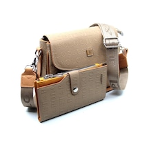 Just Polo Vizon Baskı Desenli Kolon Askılı 4 Bölmeli Kadın Omuz Çantası Ve Cüzdan Kombini 25x15cm Pbu2184 Vizon