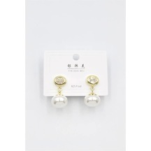 İncili Taşlı Küpe - Altın Çok Renkli