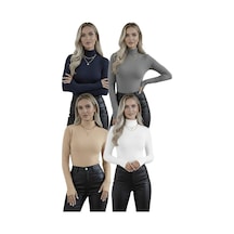 Hashtag Kadın Balıkçı Yaka Parmak Detaylı Body 4'lü Set Viskon Kumaş Lacivert Beyaz Gri Bej