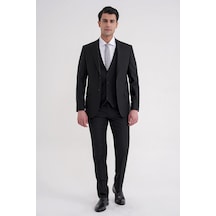 Efor Slim Fit Çift Yırtmaç Dokulu %97 Yün Esnek Siyah Yelekli Klasik Takım Elbise Tk 936 Siyah
