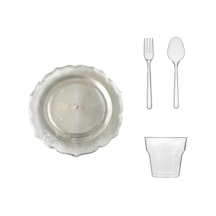 Omeyva 26 Cm. Plastik Mika Şeffaf Sorfa Piknik Seti - 12 Kişilik Tabak Bardak Çatal Kaşık Takımı
