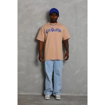 Erkek Baskılı T-shirt Kısa Kol Bisiklet Yaka Regular Fit Tişört - Bej