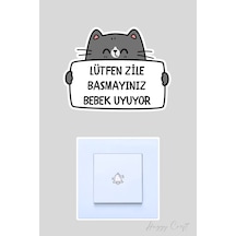 Lütfen Zile Basmayınız Bebek Uyuyor Gri Sevimli Kedi Sticker Kapı Zili Etiketi Beyaz - Gri