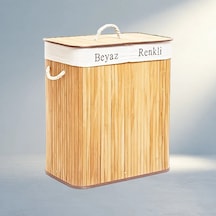 Şık İki Bölmeli Bambu Ahşap Kirli Çamaşır Sepeti 52x32x62cm Açık Ahşap