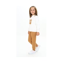 Toontoy Kids Toontoy Kız Çocuk 2'li Takım Baskılı Dik Yaka Sweatshirt & Beli Paçası Lastikli Jogger Eşofman Altı - Renk Bloklu & 3 İplik Şardonlu Kahverengi