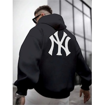 Erkek Beyaz Ön Arka Ny Baskılı Kapüşonlu Sweatshirt Onarkanysweatshirt Siyah