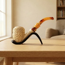 El Oyması Lületaşı Ejderha Ve Geleneksel Motifli Pipo İmzalı %100 Blok Taş Handmade Meerschaum