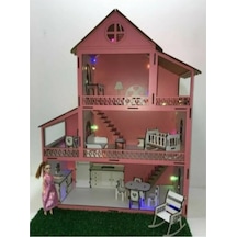 Ahşap 60 CM Bebekli Oyun Evi Işıklı Bahçeli Eşyalar Dahil Yapıştı