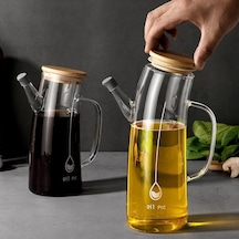 Bambu Kapklı Borosilikat Cam Yağlık & Sirkelik 1 Litre Isıya Dayanıklı & Sızdırmaz Tasarım Bambu Kapaklı Şeffaf Cam Yağdanlık 1000ml Acı Kahverengi