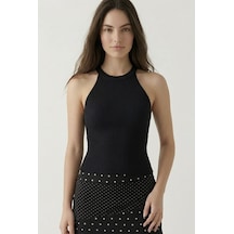 Neden Tekstil Kadın Fitilli Halter Yaka Crop Bluz - Siyah
