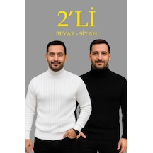 Barlashive Erkek Fitilli Kazak Tam Boğazlı Balıkçı Yaka Triko 2'li Set Beyaz-siyah Çok Renkli