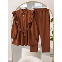 Lovie Moda Kadın Fırfır Detaylı Kol Büzgülü Pantolonlu Tesettür Takım Kahverengi