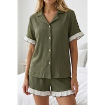 Fit Women Fırfır Detaylı Bürümcük Kumaşlı Düğmeli Kısa Şortlu Pijama Takımı 6021 Yeşil