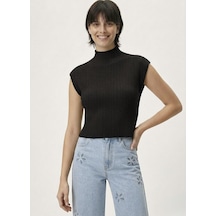 Neden Tekstil Kadın Yarım Balıkçı Yaka Fitilli Triko Kolsuz Crop Bluz - Siyah