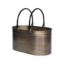 Metal Gold Uzun Oval Kulplu Tasarım Şömine- Soba Odun Depolama Saklama Kovası