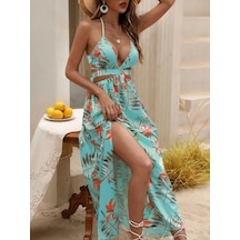 DefyModa Kadın Ip Askılı Boyundan Bağlamalı V Yakalı Yırtmaçlı Uzun Desenli Süprem Turkuaz Elbise Yeşil