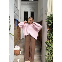 Nilza Pembe Yumuşak Dokulu Bisiklet Yaka Oversize Triko Kazak Pembe