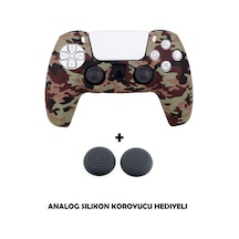 Ps5 Dualsense Uyumlu Kamuflaj Desenli Koruyucu Silikon Kılıf + Analog Silikon Koruyucu Kahverengi Kamuflaj