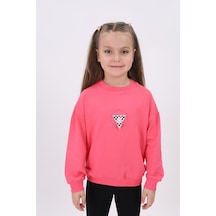 Toontoy Kız Çocuk Relax Fit Bisiklet Yaka Düşük Omuz Nakış Baskılı Sweatshirt - 2 İplik Fuşya