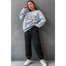 1898 Brooklyn Eşofman Takımı Sweatshirt Jogger - Gri Siyah Baskılı Oversize Şardonlu Bisiklet Yaka Gri