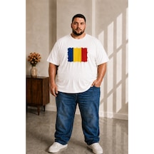 Sngl Tekstil Erkek Büyük Beden Kısa Kollu Romanya Bayrak Baskılı Tişört 3xl 4xl 5xl 6xl 7xl 8xl 9xl Beyaz