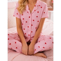 Fit Women Çizgili Kalp Desenli Bürümcük Kumaş Pijama Takımı 4643-pembe