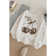 Benroma 3 İplik Penye Lucky Girl Baskılı Unisex Sweatshırt Beyaz