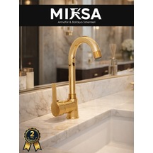 Lüx Full Gold Armut Baston Borulu Banyo Lavabo Bataryası Çeşmesi Musluğu Çift Su Girişli Altın