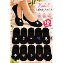 Hitit Socks Kadın 10 Çift Premium Kalite Hayvan Ve Çiçek Desenli Görünmez Babet Çorap Siyah