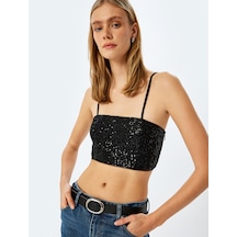 Koton Pullu Payetli İnce Askılı Crop Atlet Siyah 5sak30002fk Siyah
