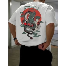 Erkek Tişört Penye Compack Ejder Baskılı Bisiklet Yaka T-shirt - Beyaz