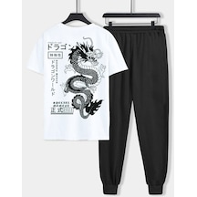 Dragon Beyaz T-shirt Siyah Eşofman Altı Jogger- Baskılı Alt Üst Eşofman Takım Oversize Bisiklet Yak Beyaz Siyah