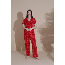Fit Women Pamuklu Yıldız Desenli Düğmeli Kısa Kollu Pijama Takımı 19009 Açık Kırmızı
