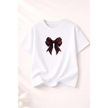 Herkesemoda Kurdele Baskı Baskılı Kadın Bisiklet Yaka Pamuklu T-shirt Beyaz