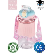 Pipetli 600 Ml Boyun Askılı Kaydırmaz Gövde Hayvan Figürlü Su Matarası Vagonlife 2023 Pembe