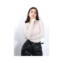 Alya Underwear Pamuklu Kaşkorse V Yaka Body Sweatshirt, Fitilli Kumaş Likralı Bluz, Asker Yeşili Badi Bej Kemik