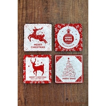 Doğal Taş Bardak Altlığı 4'lü Set 10x10x1 Cm Yeni Yıl, Yılbaşı, Merry Christimas-stone Coasters Çok Renkli