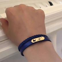 Archin X Harfine Özel Lacivert Derili Kelebek Motifli 14 Ayar Altın Plakalı Hediye Bileklik-616harf X