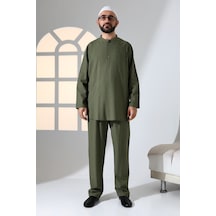İhvanonline Erkek Tek Cepli Hakim Yaka Gömlek Pantolon Keten İkili Takım Hac Umre Kıyafeti - Haki