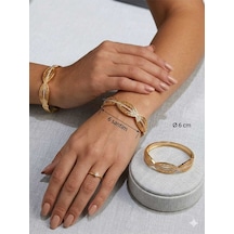 Kadın Gold Renk Antik Desenli Kelepçe Bilezik - Zirkon Taşlı 6 Cm Standart Boy Bileklik Altın