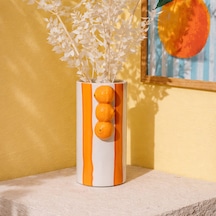 Deco Çizgili Portakal Vazo - Turuncu - 23x11 Cm Çok Renkli