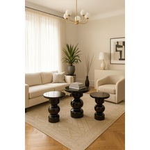 Simillo Wood Ahşap 3 Lü Set Karpuz Model Mantar Yan Sehpa Konik Model / Siyah Renk / Zigon Sehpa Vernikli Siyah