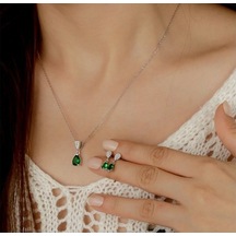 Yeşil Damla Taşlı Pırlanta Modeli Gümüş Set