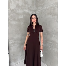 Elaxi Kadın Fermuar Detaylı Maxi Uzun Modal Elbise Kahverengi