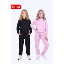 Fyk Kids 2'li Kız Çocuk Düz Kanguru Cepli Kapüşonlu 4 Parça Eşofman Takımı Siyah-pembe