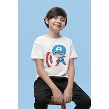 Sevbano Kaptan Amerika Baskılı Unisex Film Çocuk Tişört 1-12 Yaş Beyaz