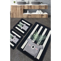 Rovio Banyo Halısı Djt 3 Lü Set Banyo Halısı Paspas Yıkanabilir Kaymaz Beyaz - Siyah