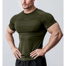 Ghassy Co. Erkek Nem Emici Hızlı Kuruyan Renk Solmayan Atletik Teknik Fitness Spor T-shirt Haki