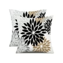 Hangfox 18x18 İnç 2'li Dış Mekan Yastık Kılıfı, Su Geçirmez Keten, Çift Taraflı Çiçek Desenli, Gizli Fermuar, Bahçe/kanepe Dekoru Siyah